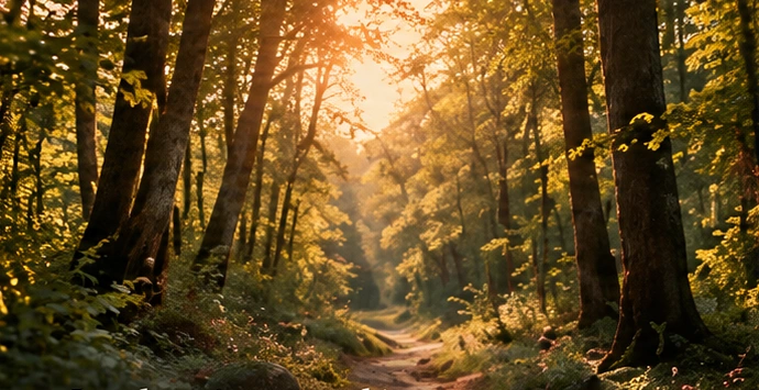 Chemin forestier baigné de lumière